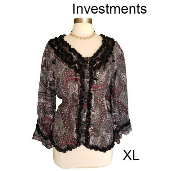 Women's Button Down Blouse Paisley Ruffle Trim Long Sleeve Loose Blouse XL NWT - Picture 1 of 7